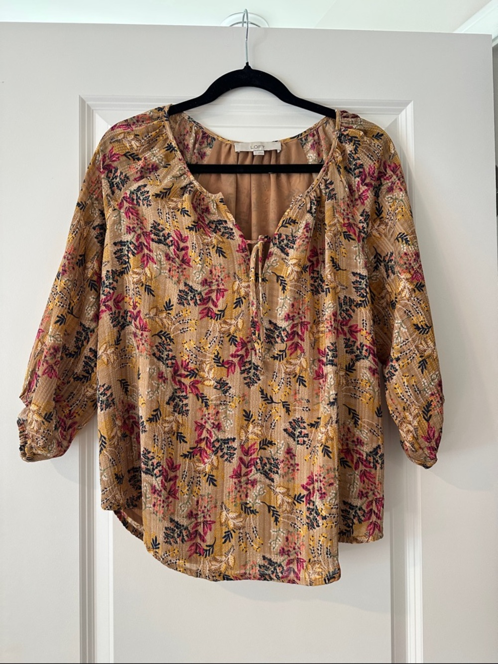 LOFT Mustard Floral Tie-Neck Peasant Top